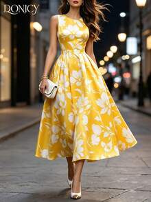 DONICY Women's Yellow Floral Sleeveless A-Line Dress, Casual Round Neck Vacation Wear - Yellow - View 1