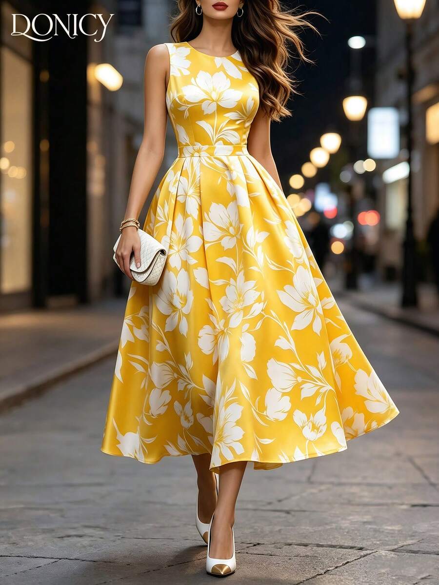DONICY Women's Yellow Floral Sleeveless A-Line Dress, Casual Round Neck Vacation Wear - Yellow - View 1
