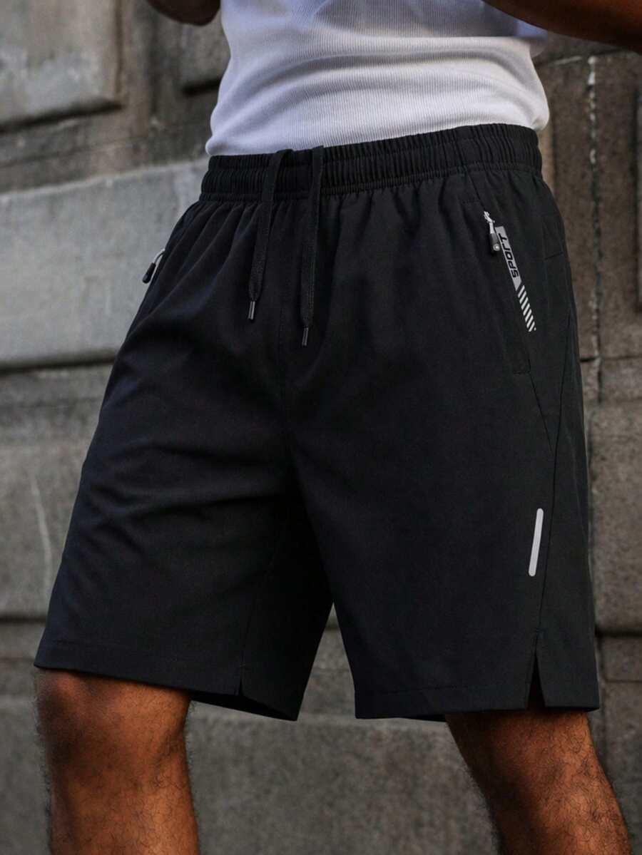 男士休闲纯色抽绳沙滩短裤，透气街头风运动日常通勤款 - 黑色 - 查看 1