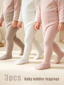 3 Pairs Simple Versatile Solid Color Plain Tights For Baby Girls, Suitable For 0-8 Years Old Daily Wear - Multicolor - View 9