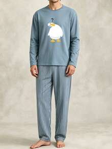 Men's Autumn/Winter Pajama Set Minimalist Cartoon Tilted White Duck Print Long Sleeve Striped Print Pants Loungewear 2 Pieces - Multicolor - View 3