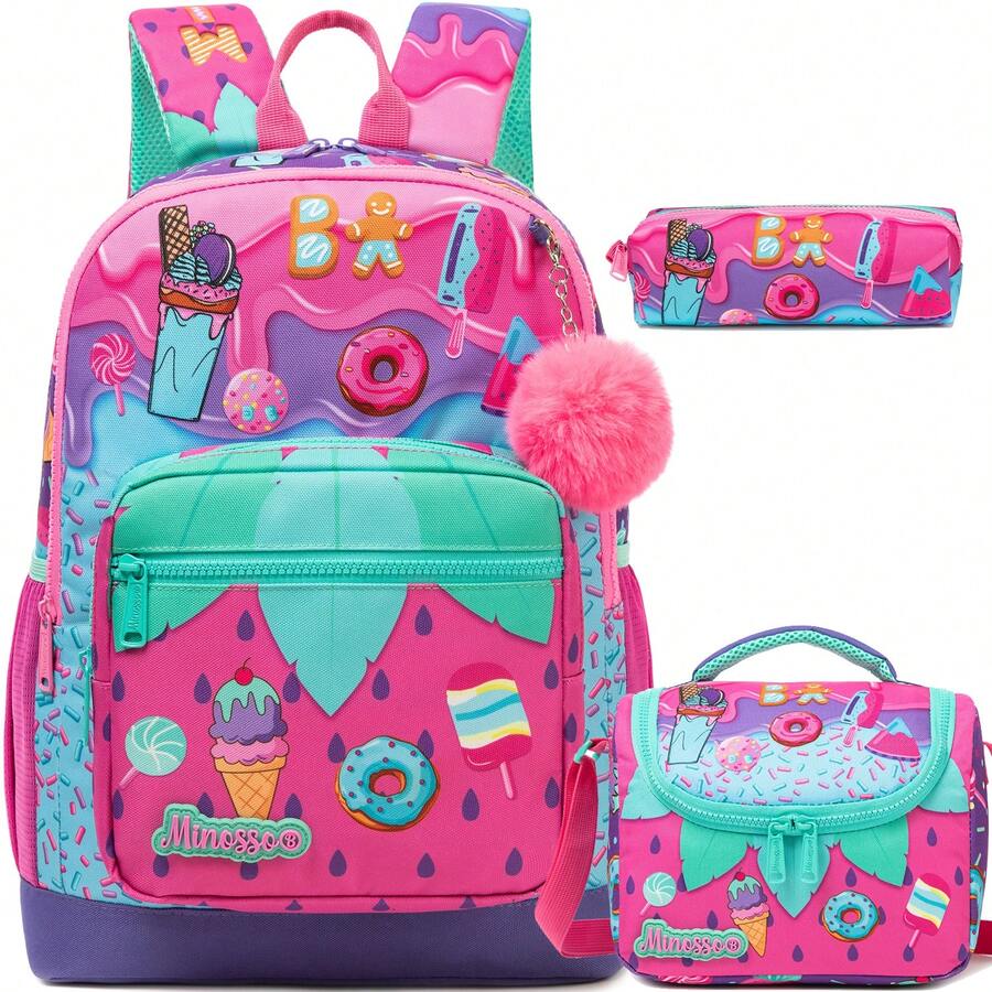 Juego de 3 piezas de mochila para estudiantes niñas, estampado de postres de caramelo rosa, incluye mochila, bolso bandolera y estuche para lápices, ligero - Mochila escolar infantil - Ver 1