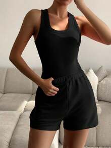 Unadoll Women Fall Black Casual Sporty Two‑Piece Set, Ribbed Racerback Crop Tank & Drawstring Shorts For Back To School, Sports & Daily Wear - Black - View 4
