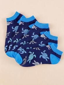 1/5 pares de calcetines cortos de corte bajo para hombre con estampado de tortuga azul marino, diseño de bloques de color de animales marinos, transpirables y absorbentes de humedad, calcetines casuales de corte bajo - Multicolor - Ver 6