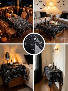 MineLain 1 Stück Halloween Party Tischdecke, Schwarz, Totenkopf Muster, rechteckige Tischdecke, Feiertagsdekoration, Tischdekoration, Halloween Dekoration, geeignet für Desserttisch, Wohnzimmer, Esszimmer, Halloween Themenparty, Außendekoration, Innen- und Außenbereich, Halloween Dekorationsstoff - Schwarz - Übersicht 3
