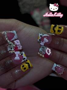 Sanrio Hello Kitty 24片短方型3D凝膠法式穿戴甲，附3D可愛Hello Kitty、微笑、嘴唇、花朵、蝴蝶結、珍珠與水鑽設計，完美貼合假指甲套組，適合女孩日常、派對與聚會使用 - 彩色 - 查看 1
