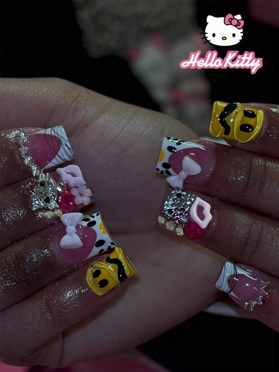 Sanrio Hello Kitty 24片短方型3D凝膠法式穿戴甲，附3D可愛Hello Kitty、微笑、嘴唇、花朵、蝴蝶結、珍珠與水鑽設計，完美貼合假指甲套組，適合女孩日常、派對與聚會使用 - 彩色 - 查看 1