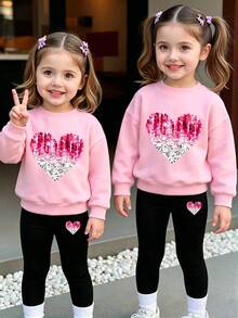 Young Girl Cartoon Print Round Neck Long Sleeve Top And Leggings - Pink - View 1