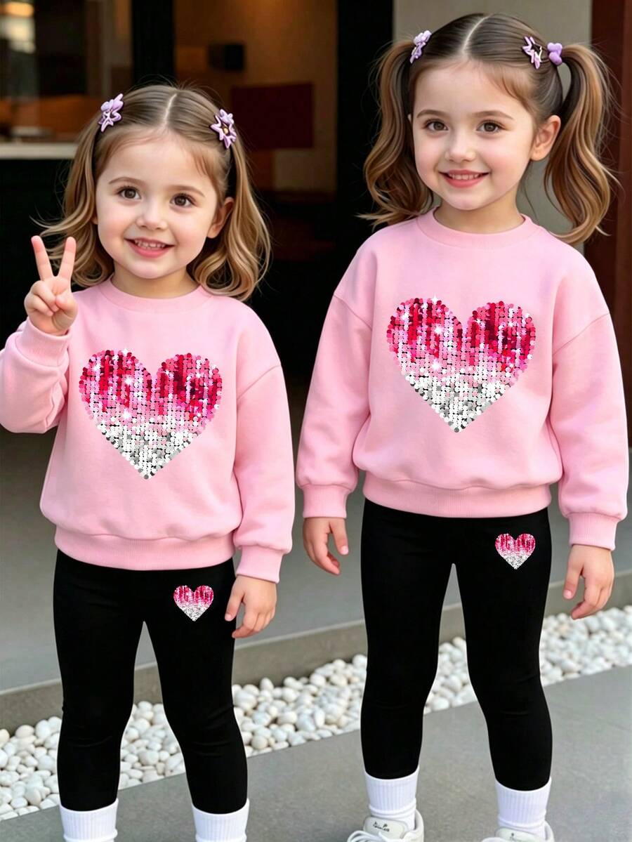 Young Girl Cartoon Print Round Neck Long Sleeve Top And Leggings - Pink - View 1
