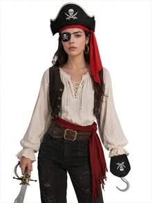 1 Set Pirate Costume Accessories Kit, Includes Pirate Hat, Bandana, Eye Patch, Hook, Hand, Gold Earrings, Prop Sword, Suitable For Halloween Role Play Theme Party Costume Props - Multicolor - View 3