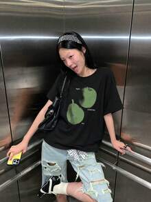 街頭風復古灰色寬鬆垂墜修身綠色紮染水果印花短袖T恤休閒黑色夏季 - 黑色 - 查看 2