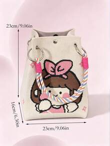 Bolso Tote de Cubo de Punto para Mujer, Niña de Dibujos Animados con Anillos de Metal & Asas de Cuerda Colorida, Cierre de Broche, Portátil Dulce Casual para Niñas Primavera Uso Diario - Beis - Ver 4