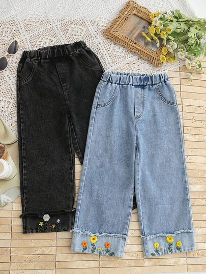 2pcs/Pack Spring/Autumn Children Girls Cuffed Floral Embroidered Denim Jeans, Casual Vacation Wear, Elastic Waist Long Pants
