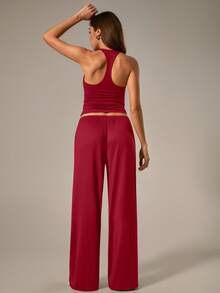 NcmRyu Setelan Olahraga Wanita 1 Set: Atasan Tank Top Camisole dengan Tali Serut dan Saku, Celana Panjang Lebar - Merah - View 9