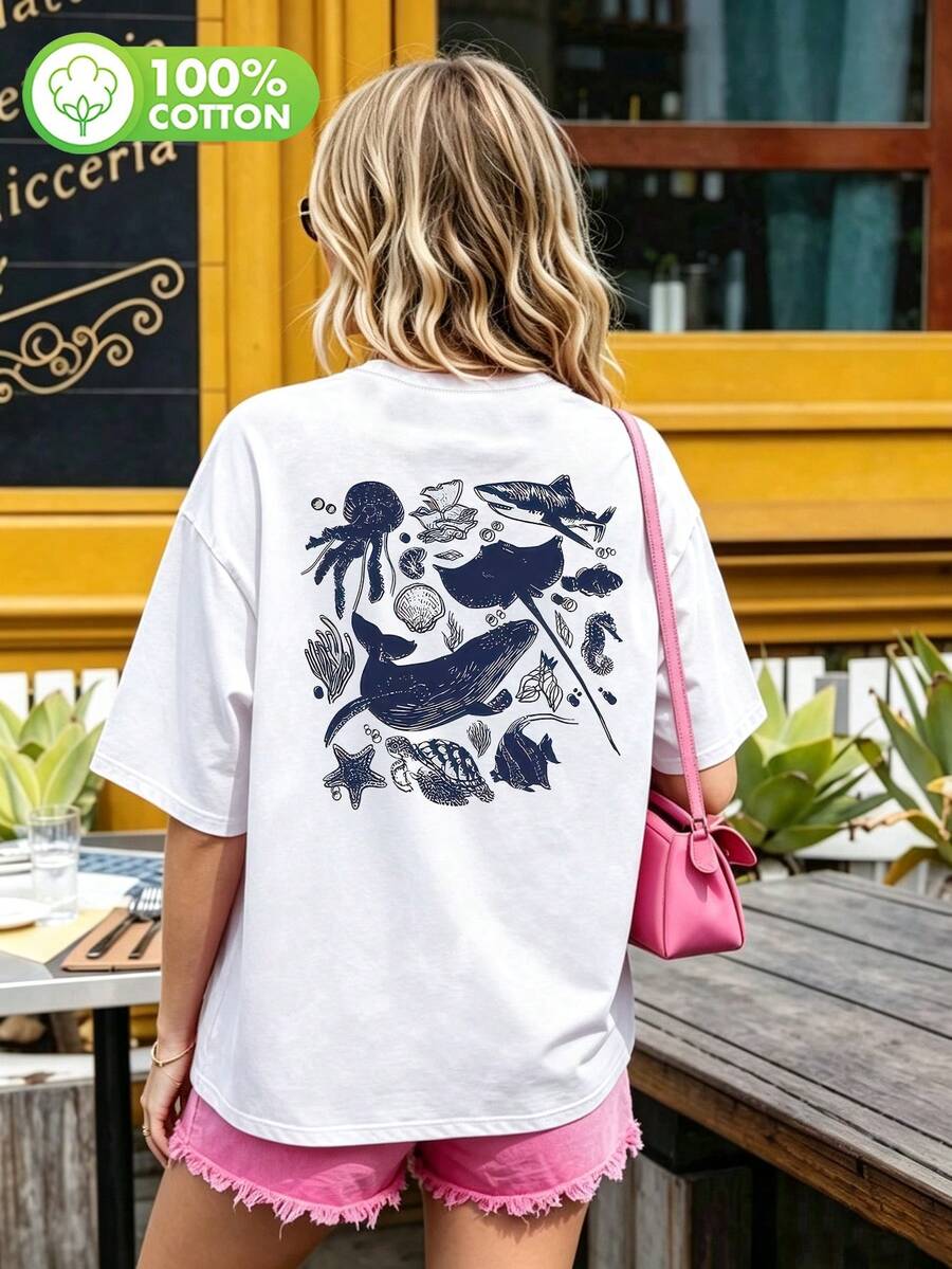 Plus Size 100% Cotton Short Sleeve T-Shirt, Decorated With Marine Life Pattern, Regular Fit Crew Neck T-Shirt Casual Summer White - White - View 1