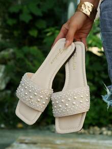 Elegant White Pearl Crystal Summer Outdoor Flat Slide Sandals - Beige - View 3