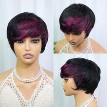Elastic Net Machine Made Wig Short Pixie Cut Human Hair 6inch 150% Density Brazilian Virgin Straight Layered Hair Ready To Wear For Women Color 1B/99J For Daily Wear - S1B/99J - 查看 7