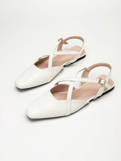 Giày Mary Jane bệt nữ thời trang mới mũi vuông màu trắng quai chéo, sandal slingback thoải mái phong cách thường ngày