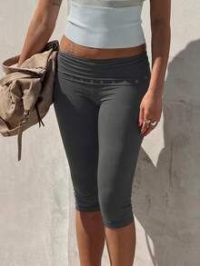 SCARLUX Fall Y2K Women Basic Dark Gray Fold Over Waist Eyelet Detail Biker Shorts, Knee Length Leggings For Back To School Daily Street Outfits Summer - Grey - View 5