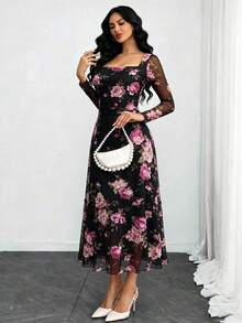 Plus Size Women's Elegant Elastic Mesh Printed Long Dress, Square Neck A-Line Dress, Fitted Waist With Ruched Detail, Suitable For Spring Autumn Garden Date Party Commute Office Versatile - Black - View 3