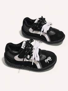 Bow Embroidery Kids' Sports Shoes, Colorblock Dual Laces & Hook And Loop Casual Training Sneakers - Black - View 4