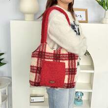 Women Shoulder Bags - Plush Patchwork Vest Bag: Brown and Green Stripes - View 4