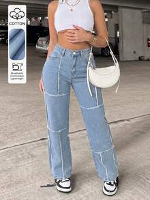 Straight Blue Patchwork Jeans, Non-Stretch Design, Front Button Closure, Creating A Casual Retro Look. - Light Wash - View 1