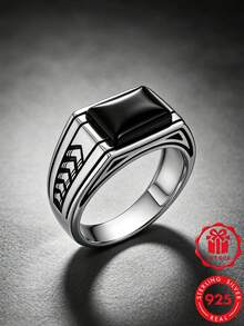 1pc 925 Sterling Silver Vintage Synthetic Black Agate Square Ring, Daily Wear Birthday Anniversary Gift Choice, Comes With Gift Box - Silver - View 6