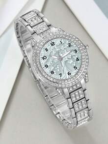 Women's Sparkling Rhinestone Watch, Silver Metal Chain Strap, Delicate Cherry Blossom Floral Dial Analog Wristwatch, Suitable For Daily, Party, Date - A - View 2