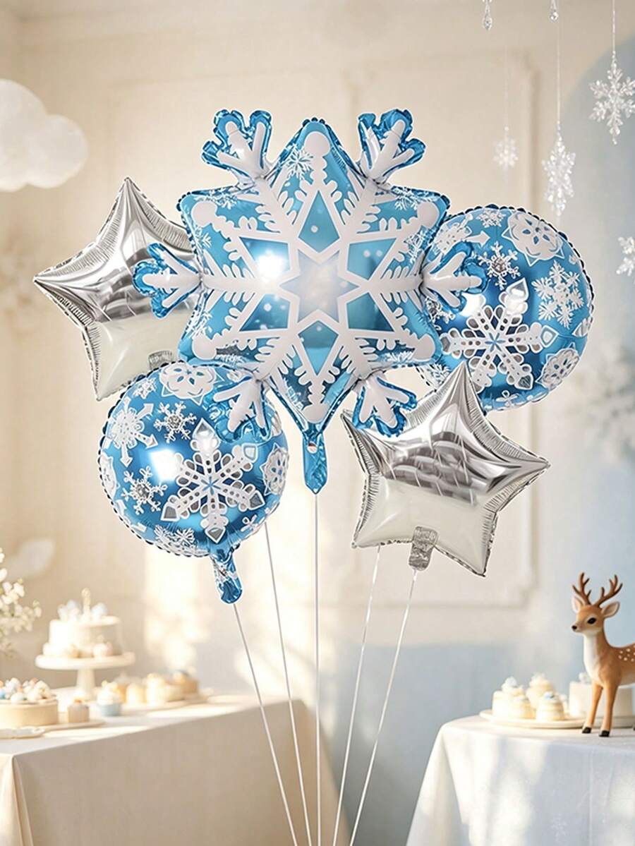 5pcs Snowflake Theme Aluminum Foil Balloon Set, Suitable For Birthday Party Decoration, Ice And Snow Theme Party Arrangement, Theme Party Decoration, Ice And Snow Decoration Balloons - Snowflake Set - View 1