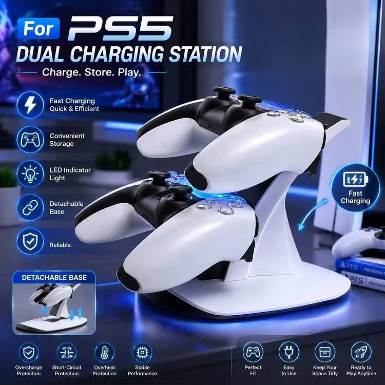 iplay 1個 - PlayStation 5 無線控制器雙充電底座，附 LED 指示燈，垂直弧形極簡設計，TYPE-C 介面，可同時為兩個控制器充電 (白色) - 查看 7
