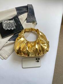 時尚百搭紋理純色新款PU單肩包 休閒極簡紋理法棍小手提包 女款 - 金色 - 查看 3