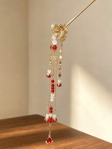 1pc Gold Butterfly Red Bead Tassel Hair Stick, Bridal Bun Hair Accessory For Wedding, Banquet, Party - Multicolor - View 5
