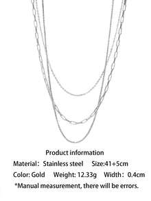 1pc Stainless Steel Non-Fading Vintage Paper Clip Box Chain Triple Layer Stackable Necklace - Silver - View 5