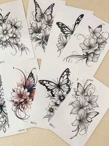 10pcs Flower Tattoo Stickers, Waterproof Women's Temporary Tattoos For Hand And Body Decoration, Butterfly, Floral Fake Tattoo For Women And Men, Small Hand Tattoo - Black - View 5