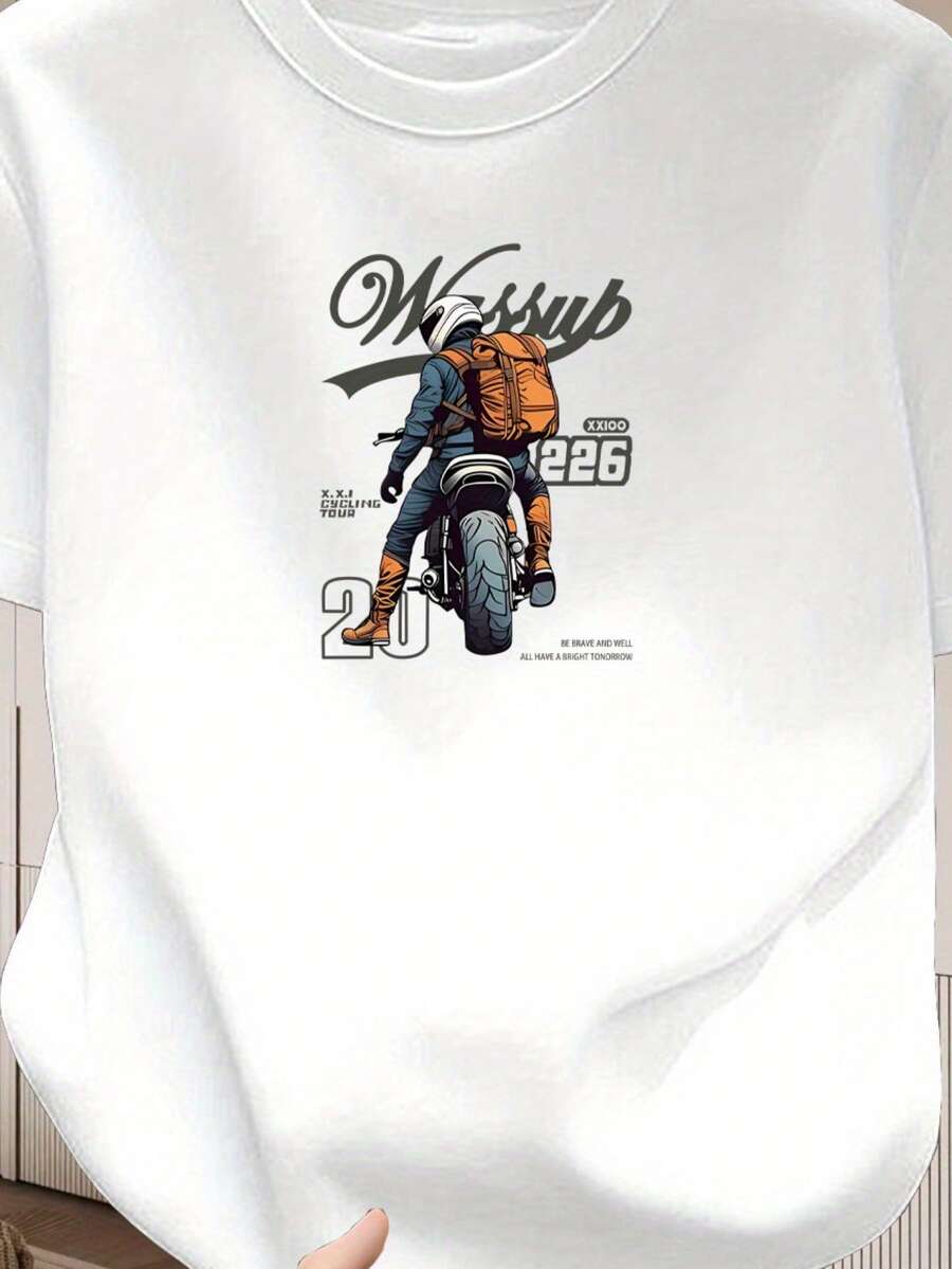100% Women's T-Shirt, Casual Top, Round Neck,  Motorcycle Graphic T-Shirt, Fast Local Delivery - White - View 1