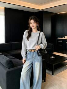 Heavy Embellished Rhinestone High Waist Wide Leg Denim Jeans With Belt, Suitable For Campus, Office, Daily Wear In Spring And Autumn - Medium Wash - View 8