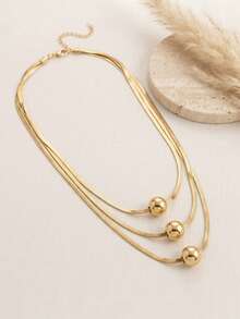 1pc Fashionable Exquisite 3-Layer Flat Snake Chain With Ball Pendant Layered Collarbone Necklace, Suitable For Women's Daily Wear, Holiday Gift And Birthday Gift - Yellow Gold - View 4