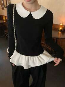 Contrast Color Peter Pan Collar Layered Ruffle Hem Elegant Preppy Style Long Sleeve T-Shirt Top - Black - View 6
