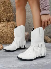 Women's Buckle Design Tassel Decor Pointed Toe Chunky Heel Western Boots Autumn/Winter New White Faux Leather Ankle Boots - White - View 2