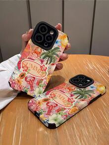 1件夏季涼爽海灘椰子樹圖案直條紋仿皮紋理防摔防指紋防震手機殼，兼容 Apple 及多款機型 - 彩色 - 查看 3