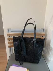 Lace Niche Design Fresh Literary Style Handbag, Bowknot Decoration, Large Capacity, Suitable For Vacation, Beach, Commute, Daily Matching - Black - View 6