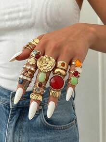 Set de 20/13/6 piezas de anillos vintage elegantes bohemios para mujer, joyería de dedo con gemas de colores irregulares y piedra de ojo de gato, para uso diario, fiesta, vacaciones y regalo - Dorado - Ver 2