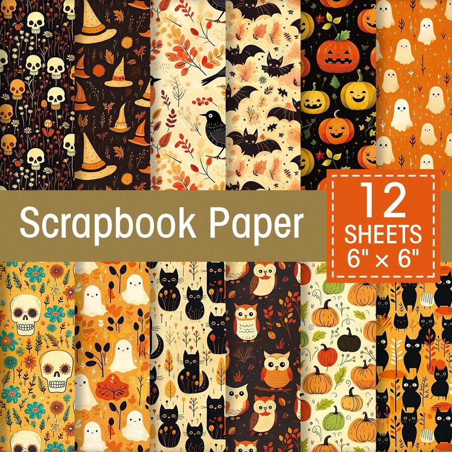 12 Sheets Halloween Themed Scrapbook Paper - Vintage Spooky Skull, Pumpkin, Ghost, Witch, Cat, Bat Patterns Handmade Paper, Suitable For Scrapbooking, Junk Journal, Card Making And DIY Projects, Halloween Decoration - Multicolor - View 1