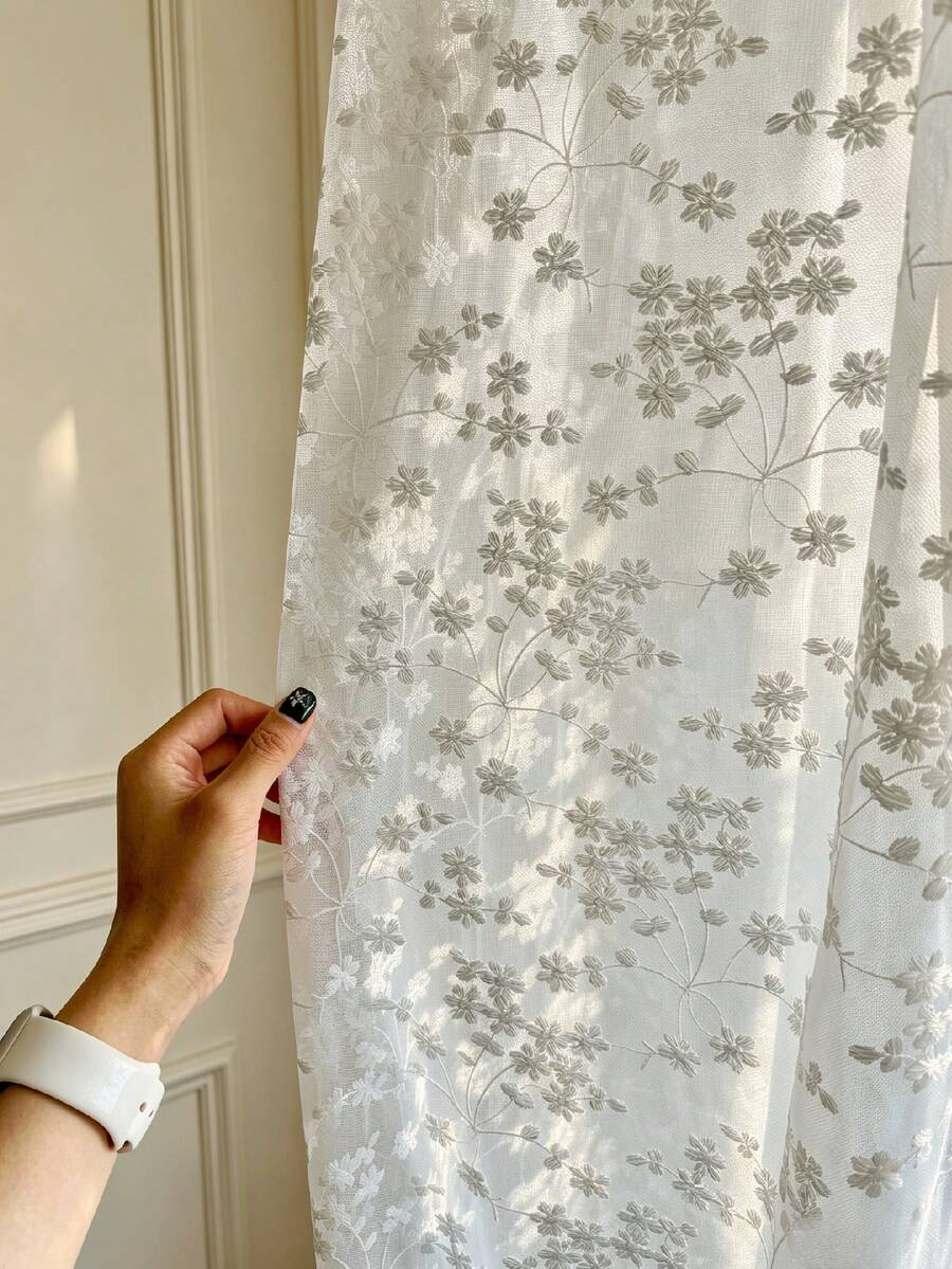 1pc Embroidered White Floral Fresh Fashion Gauze Curtain, Floral Pattern, Rod Pocket Design, Suitable For Living Room And Bedroom - Transparent And Filtering Curtains, Living Room Curtains, Bedroom Curtains - Multicolor - View 1