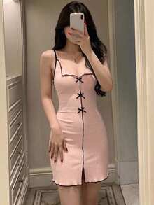 DAZY 女士夏季休闲连衣裙，罗纹蝴蝶结性感修身纯色吊带舒适吊带裙，适合户外穿着 - 珊瑚橙 - 查看 2