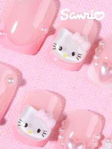 Sanrio Hello Kitty 24片短方型法式穿戴甲 3D可愛Hello Kitty鑽飾愛心花朵珍珠設計假指甲套組，含1片果凍膠與1片指甲锉，適合女孩日常使用的美甲指甲 - 彩色 - 查看 3