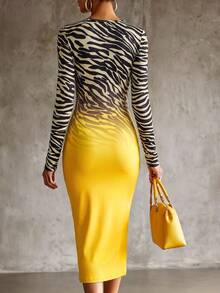 Women's Long-Sleeve, Round-Neck, Slim-Fit Midi Dress Featuring A Gradient Zebra Print-Perfect For Nightclub Parties Or Evening Gatherings (Autumn Coll - Yellow - View 5