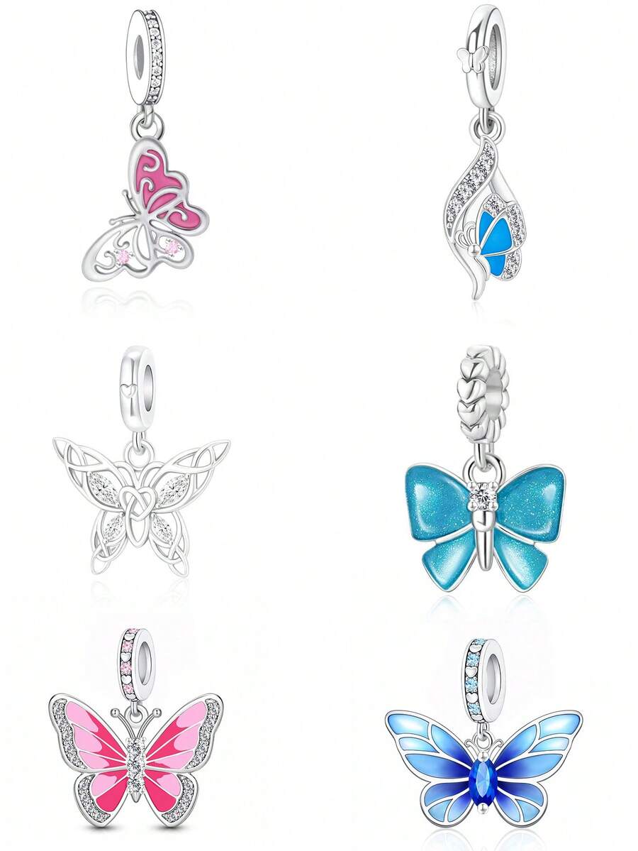 1pc Sweet Girl Colorful Oil Drop Butterfly Pendant Silver Jewelry Beaded Hollow Celtic Knot Rhinestone Glitter Gradient Blue Pink Butterfly Charm Handmade DIY Bracelet Loose Beads Romantic Gift For Girlfriend Best Friend Birthday Anniversary - Multicolor - View 1