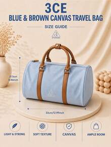 3CE Blue & Brown Canvas Travel Bag, Durable Canvas With Brown Leather Handles, Smooth Zipper Closure, Large Capacity, Lightweight Handheld, Daily Use - Blue-brown - View 4